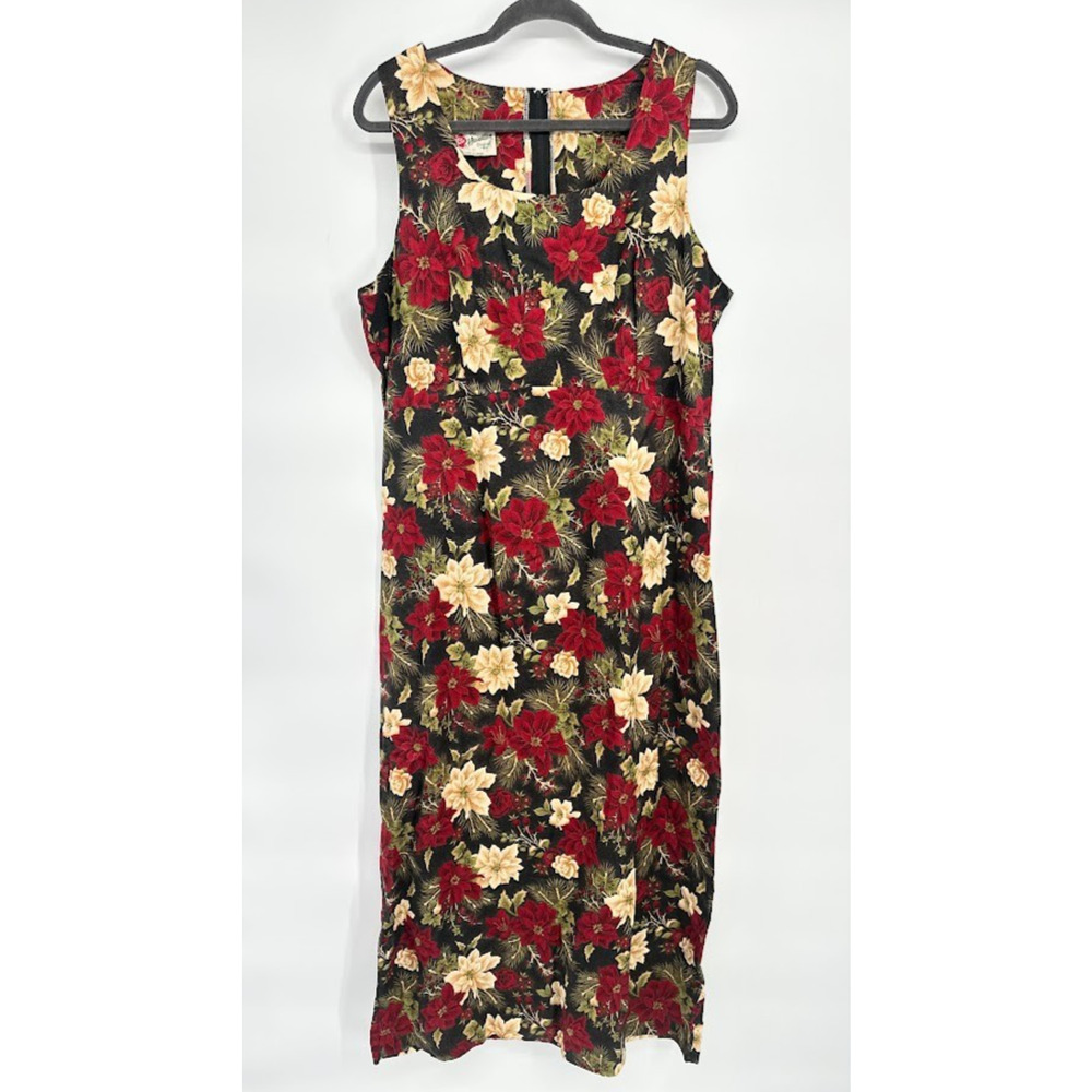 Vintage Hilo Hattie Maxi Dress Women 20 Black Hawaiian Floral Aloha Tropical USA